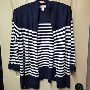 Charter Club Open Front Cardigan Sweater Petite Large Navy Button Cuffs